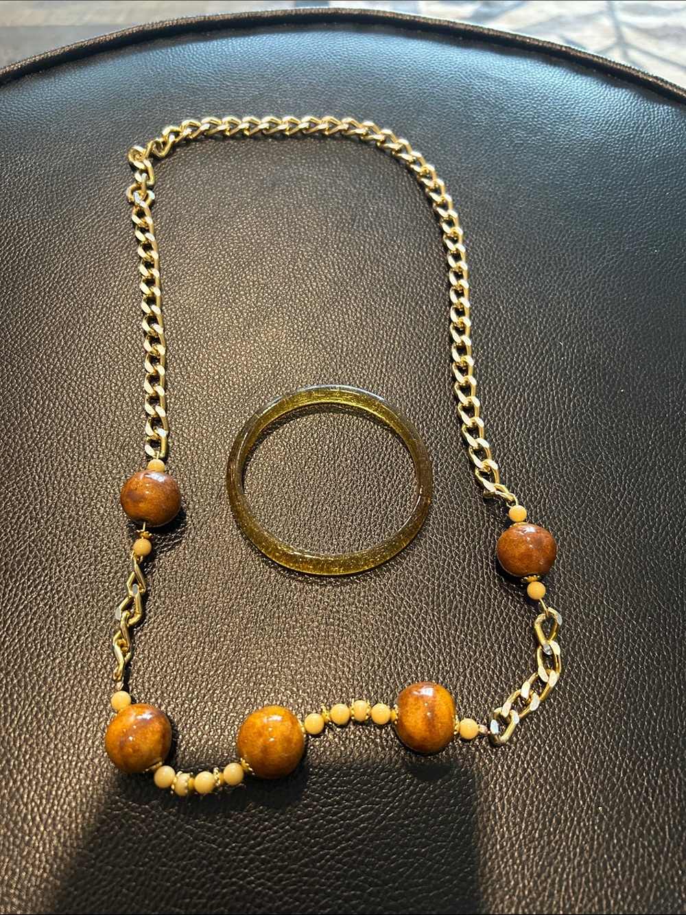 Vintage Gold-Tone Chain Necklace and Brown Bead and Glass Bangel Set